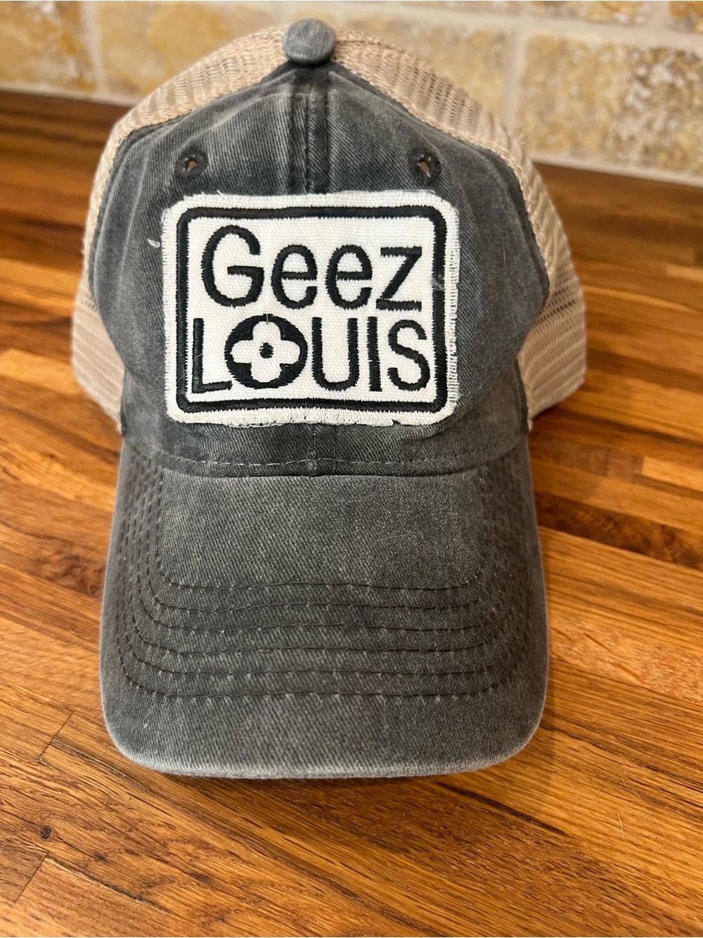 Geez Louis Patch Trucker Hat - Gray & Tan